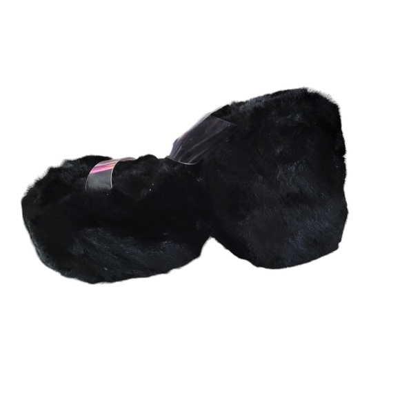 Lemon drop by privileges faux fur platform spade sandal black  size 8.5 - Picture 5 of 7